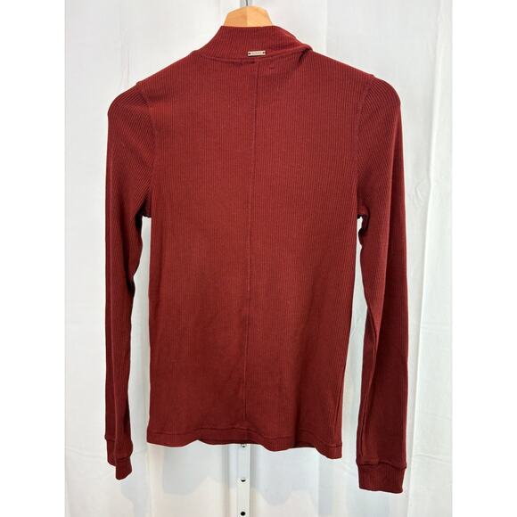 PRANA Size M Foundation Rib Mock Neck Top Long Sleeve Stretch Modal Red Orange - Picture 2 of 7